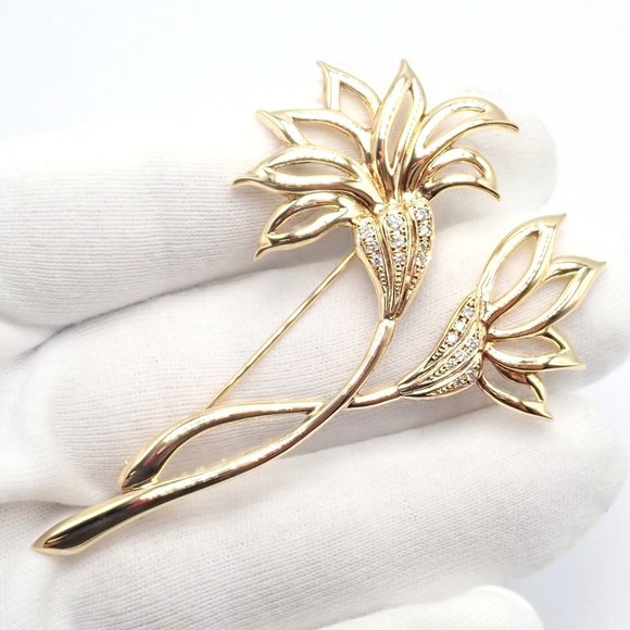 Rare! Vintage Mikimoto 18k Yellow Gold Diamond Large Double Flower Brooch - Picture 8 of 10